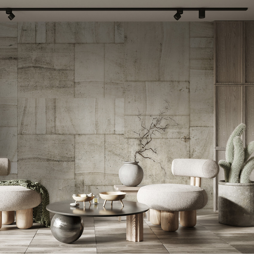 Tapet cu aspect de piatra, Furui Ishi Zoge (Old Stone Ivory), in nuante de gri si alb, cu un design minimalist si modern.