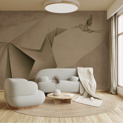 Tapet abstract cu un design inspirat de origami, cu forme geometrice și culori neutre.