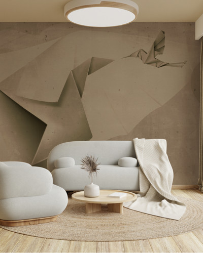 Tapet abstract cu un design inspirat de origami, cu forme geometrice și culori neutre.