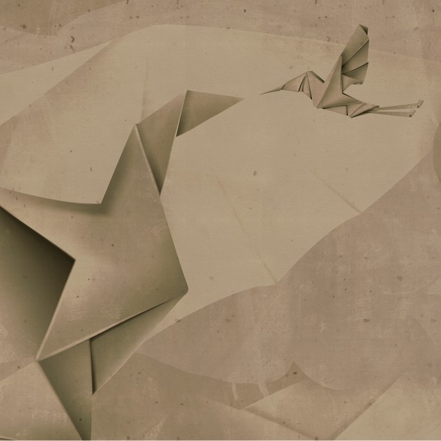Tapet abstract cu un design inspirat de origami, cu forme geometrice și culori neutre.