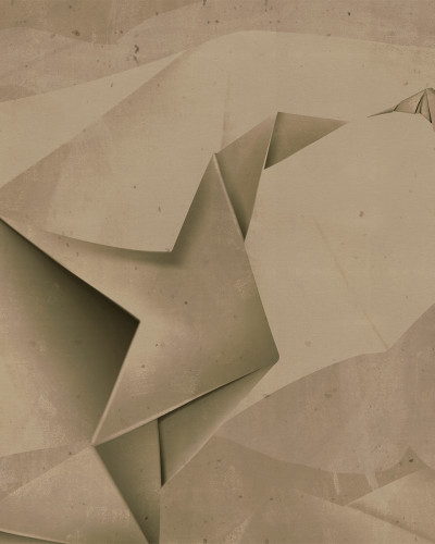 Tapet abstract cu un design inspirat de origami, cu forme geometrice și culori neutre.