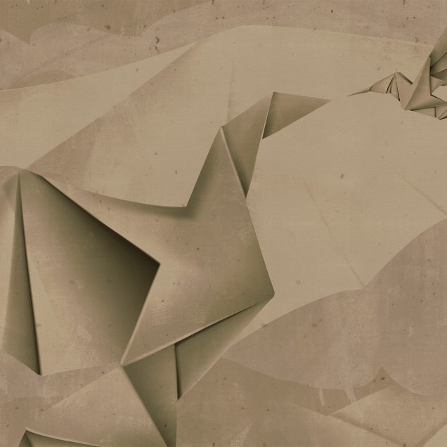 Tapet abstract cu un design inspirat de origami, cu forme geometrice și culori neutre.