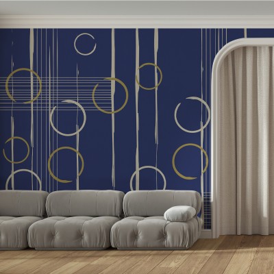 Tapet modern cu design abstract, minimalist, cu cercuri aurii și gri, pe un fundal albastru închis.