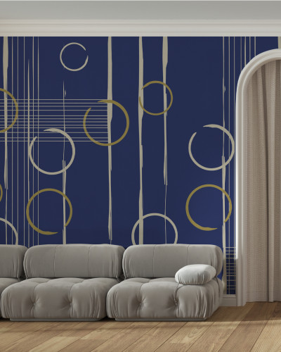 Tapet modern cu design abstract, minimalist, cu cercuri aurii și gri, pe un fundal albastru închis.