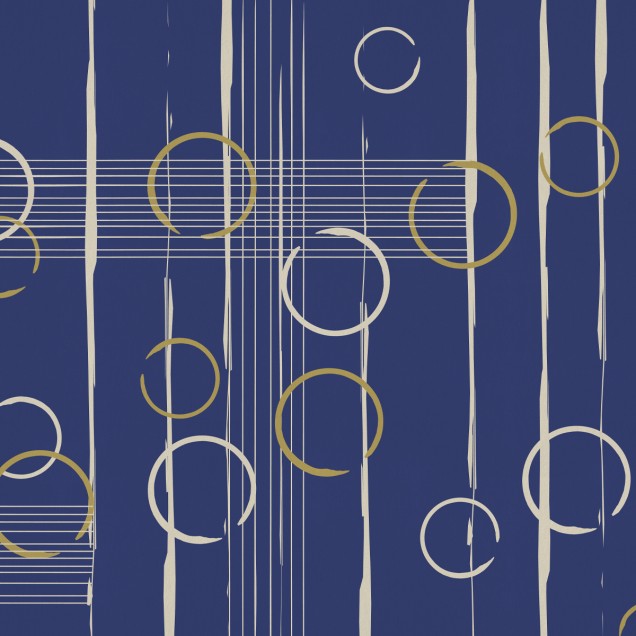 Tapet modern cu design abstract, minimalist, cu cercuri aurii și gri, pe un fundal albastru închis.