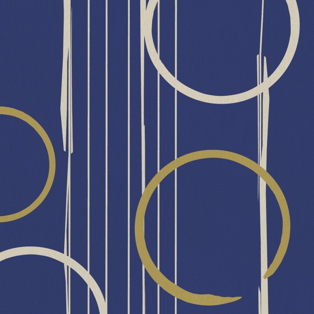 Tapet modern cu design abstract, minimalist, cu cercuri aurii și gri, pe un fundal albastru închis.