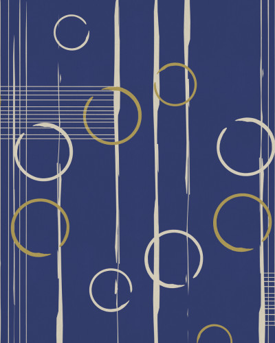 Tapet modern cu design abstract, minimalist, cu cercuri aurii și gri, pe un fundal albastru închis.