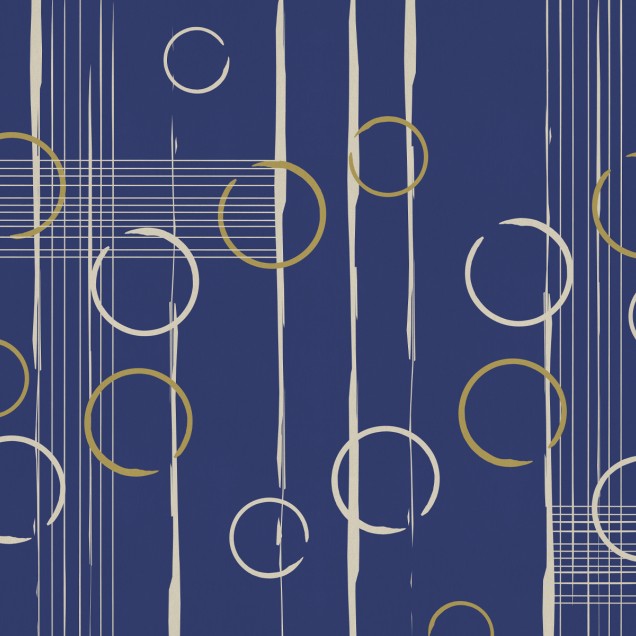 Tapet modern cu design abstract, minimalist, cu cercuri aurii și gri, pe un fundal albastru închis.