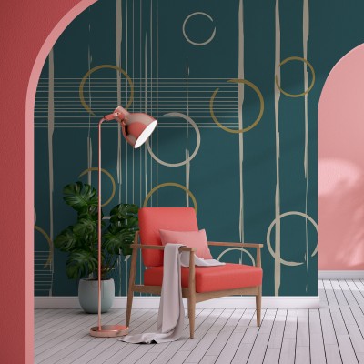 Tapet geometric abstract cu cercuri aurii si albe pe fundal verde smarald