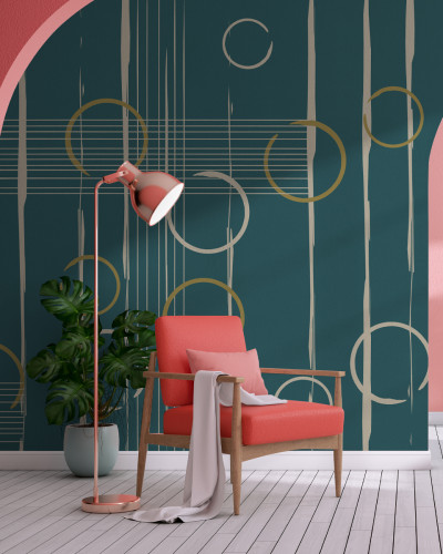 Tapet geometric abstract cu cercuri aurii si albe pe fundal verde smarald