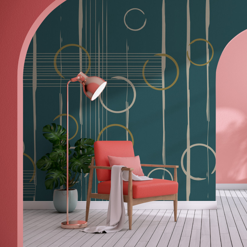 Tapet geometric abstract cu cercuri aurii si albe pe fundal verde smarald