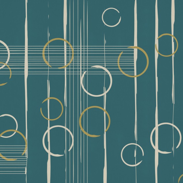 Tapet geometric abstract cu cercuri aurii si albe pe fundal verde smarald