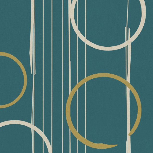 Tapet geometric abstract cu cercuri aurii si albe pe fundal verde smarald