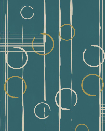 Tapet geometric abstract cu cercuri aurii si albe pe fundal verde smarald