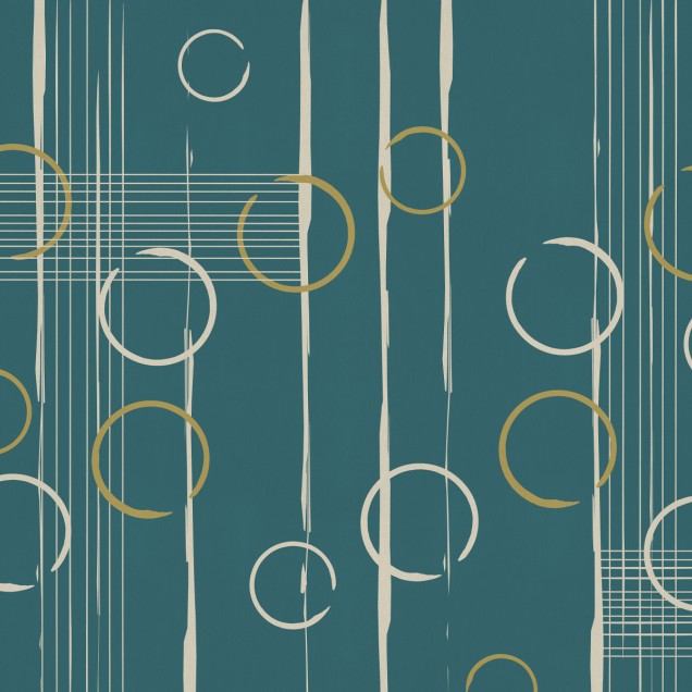 Tapet geometric abstract cu cercuri aurii si albe pe fundal verde smarald