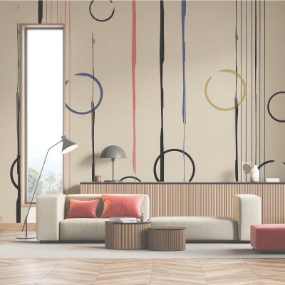 Fototapet modern abstract cu cercuri și dungi colorate pe un fundal neutru