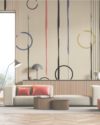 Fototapet modern abstract cu cercuri și dungi colorate pe un fundal neutru