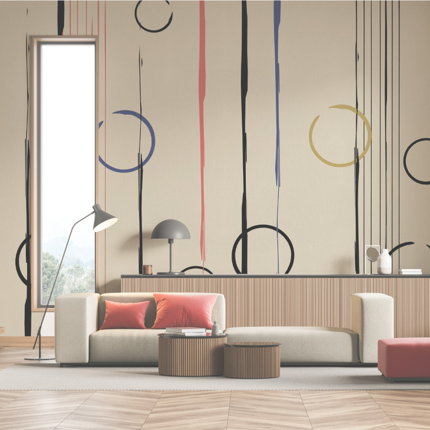 Fototapet modern abstract cu cercuri și dungi colorate pe un fundal neutru