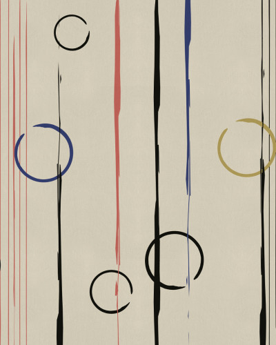 Fototapet modern abstract cu cercuri și dungi colorate pe un fundal neutru
