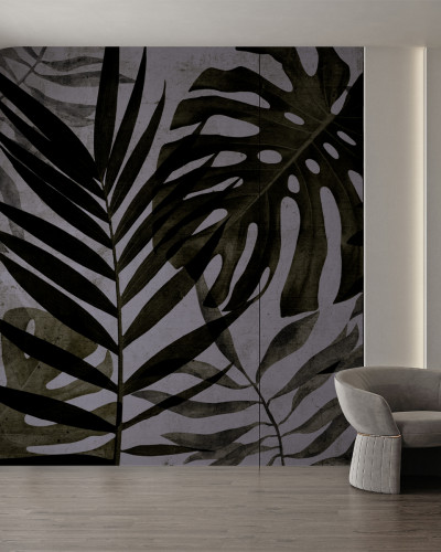 Wallpaper cu frunze tropicale în nuanțe de gri și negru.