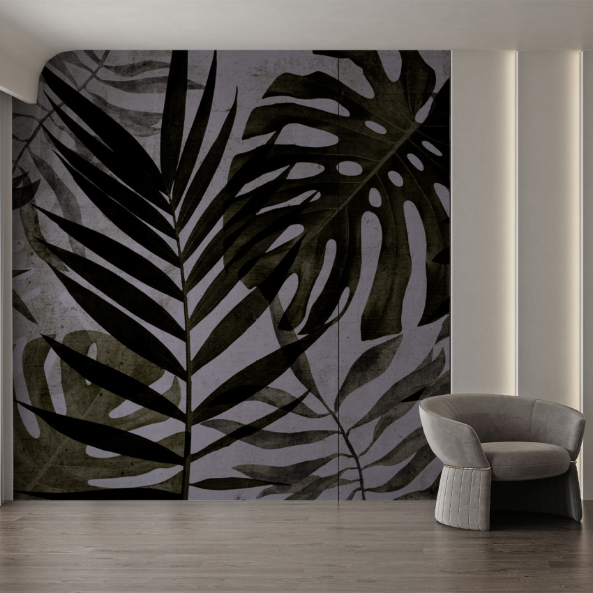 Wallpaper cu frunze tropicale în nuanțe de gri și negru.