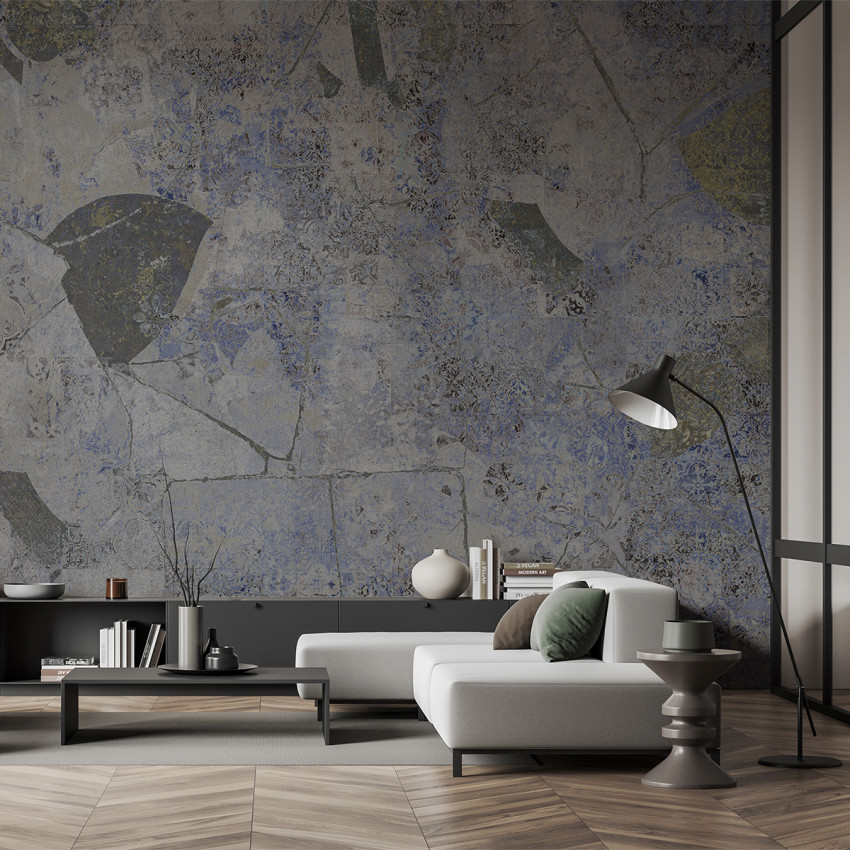 Imagine cu un tapet abstract cu design vintage, cu o textură gri-albăstruie, cu accente aurii, în diverse culori neutre, perfect pentru decorarea unui living modern