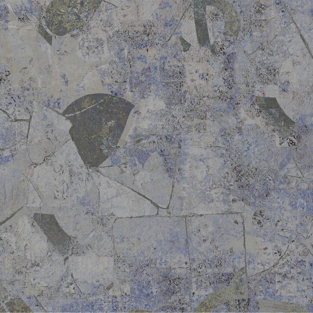 Imagine cu un tapet abstract cu design vintage, cu o textură gri-albăstruie, cu accente aurii, în diverse culori neutre, perfect pentru decorarea unui living modern