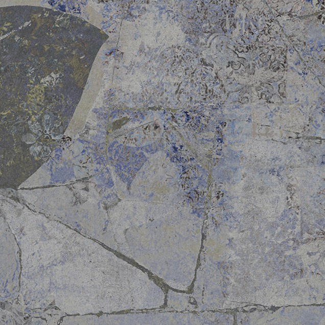 Imagine cu un tapet abstract cu design vintage, cu o textură gri-albăstruie, cu accente aurii, în diverse culori neutre, perfect pentru decorarea unui living modern