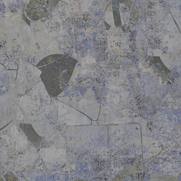 Imagine cu un tapet abstract cu design vintage, cu o textură gri-albăstruie, cu accente aurii, în diverse culori neutre, perfect pentru decorarea unui living modern