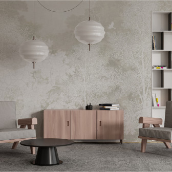 Tapet cu design copaci și păsări în nuanțe pale