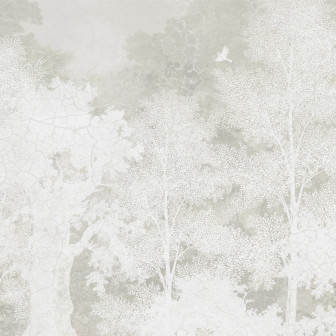 Tapet cu design copaci și păsări în nuanțe pale