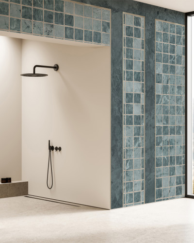 Fototapet cu design modern în nuanțe de albastru agate într-o baie