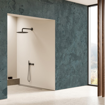 Tapet cu design abstract albastru și gri într-o baie modernă