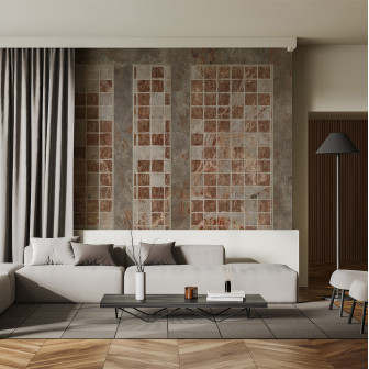 Tapet decorativ cu aspect de agat roșu în living modern
