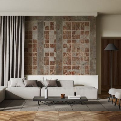 Tapet decorativ cu aspect de agat roșu în living modern
