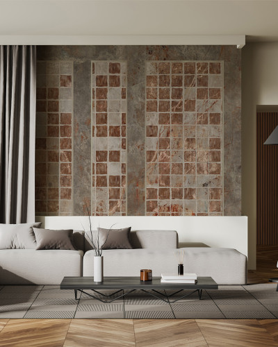 Tapet decorativ cu aspect de agat roșu în living modern