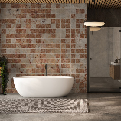 Tapet cu aspect ceramic roșu în baie