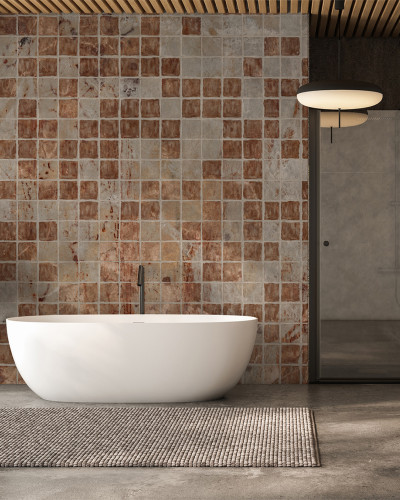 Tapet cu aspect ceramic roșu în baie