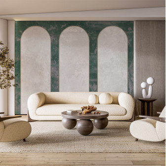 Tapet cu design arcuit verde în living modern