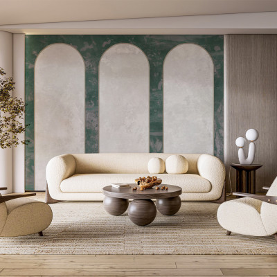 Tapet cu design arcuit verde în living modern