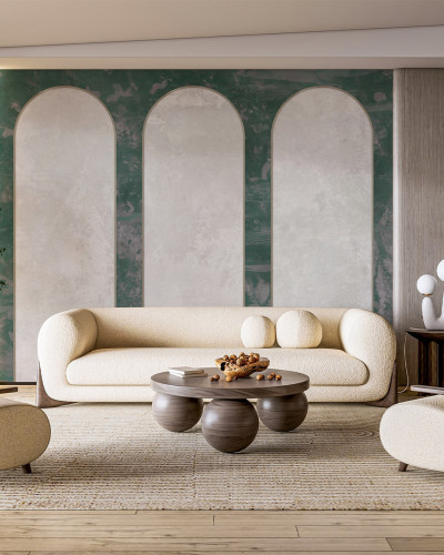 Tapet cu design arcuit verde în living modern