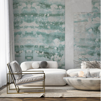 Tapet decorativ Giada, Dream Prints, cu design abstract în nuanțe de verde și alb, într-un interior modern