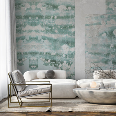 Tapet decorativ Giada, Dream Prints, cu design abstract în nuanțe de verde și alb, într-un interior modern