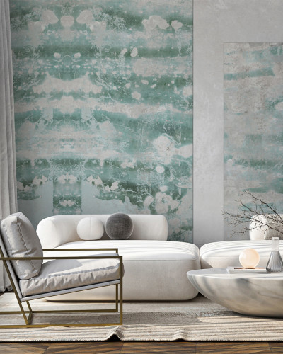 Tapet decorativ Giada, Dream Prints, cu design abstract în nuanțe de verde și alb, într-un interior modern