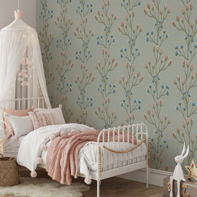 Tapet floral verde cu design delicat