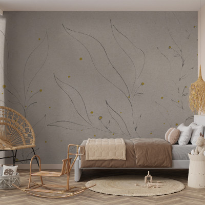 Tapet bej cu design floral Dandelion Dreams într-o cameră decorată