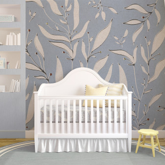 Tapet floral albastru cu ramuri stilizate, decor cameră copil