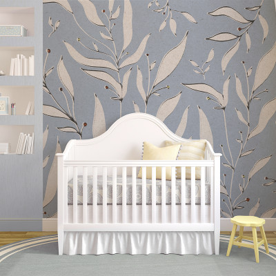 Tapet floral albastru cu ramuri stilizate, decor cameră copil