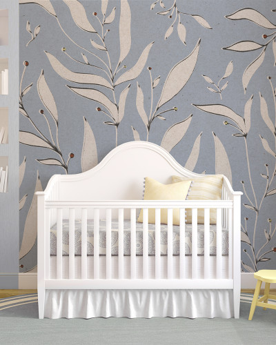 Tapet floral albastru cu ramuri stilizate, decor cameră copil