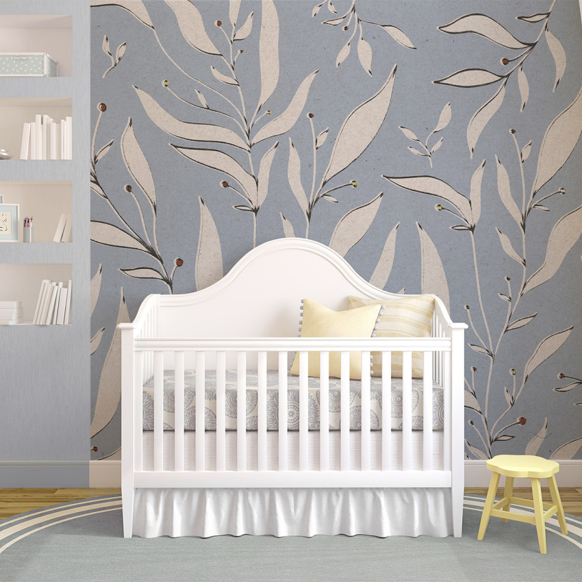 Tapet floral albastru cu ramuri stilizate, decor cameră copil